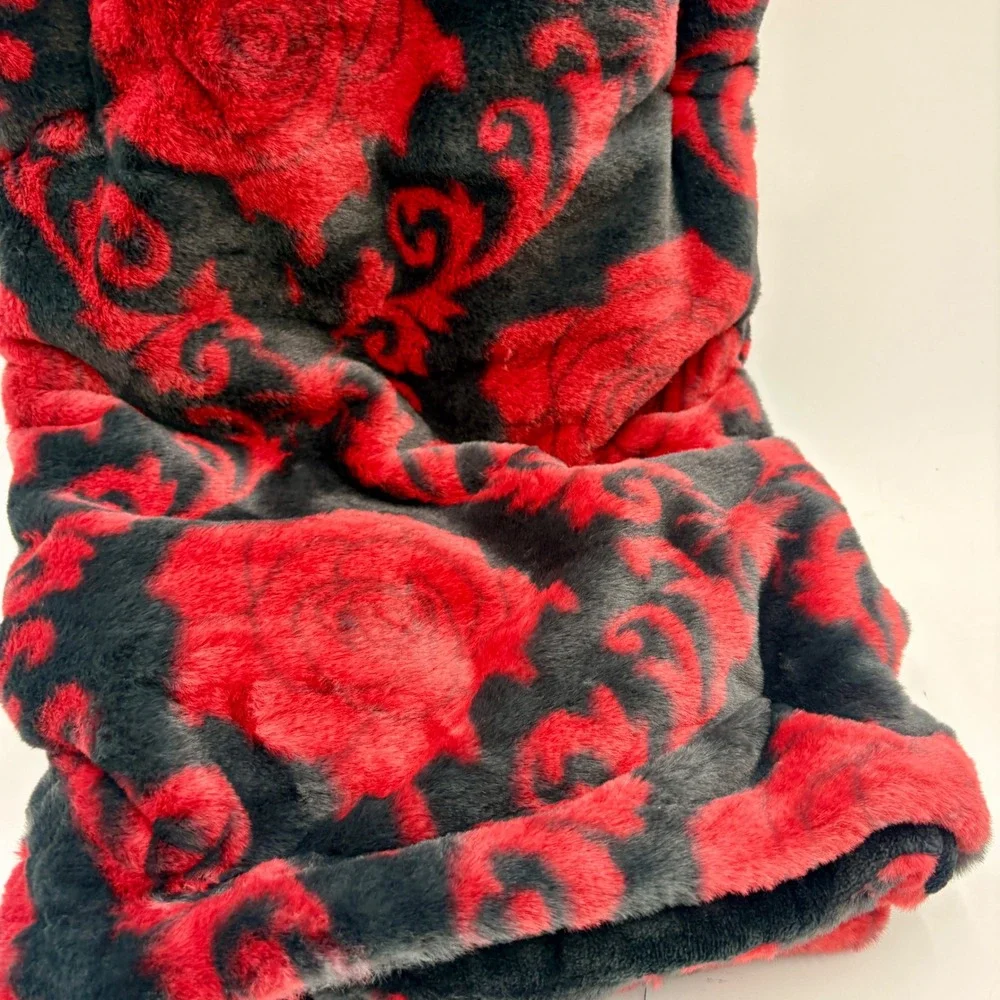 Midnight Spell Red Rose Black Faux Fur Plush Oversized Halloween Throw Blanket